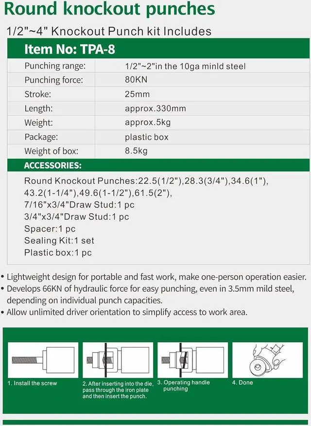 Alt view image 2 of 5 - Hydraulic Knockout Punch Electrical Conduit Hole Cutter Set KO Tool Kit 1/2 to 2 inch (8T(1/2"-2"))