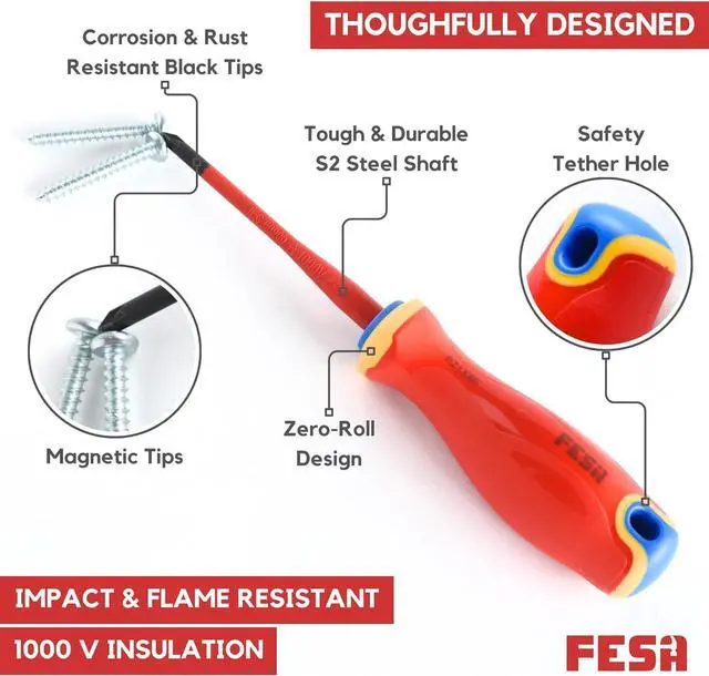Alt view image 3 of 7 - FESA Electrician Insulated Screwdriver Set - 1000V 11-Piece Professional Electrician Screwdriver Set with Magnetic S2 Steel Tips - Pozidriv, Phillips, Flathead or Slotted & Torx - Insulated Tools
