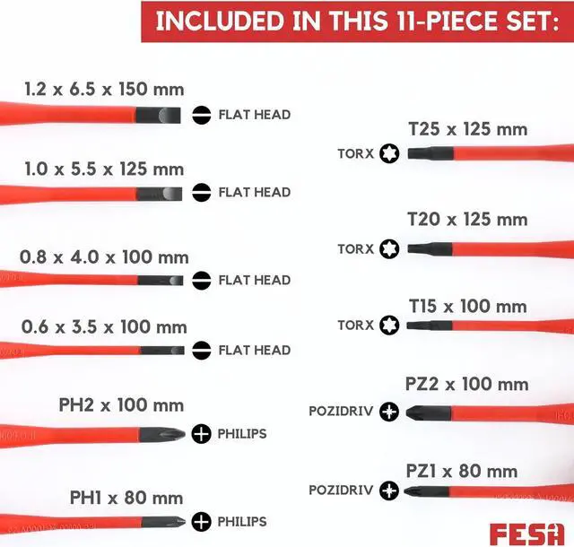 Alt view image 4 of 7 - FESA Electrician Insulated Screwdriver Set - 1000V 11-Piece Professional Electrician Screwdriver Set with Magnetic S2 Steel Tips - Pozidriv, Phillips, Flathead or Slotted & Torx - Insulated Tools