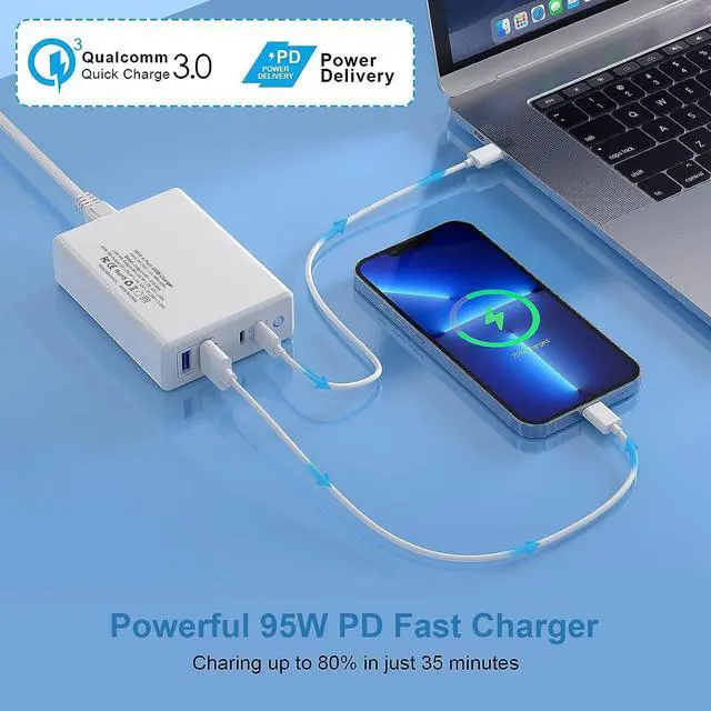 Alt view image 2 of 7 - Multi USB Charger Station, 95W Fast Wall Charger, Portable Multiport PD USB C Charging HUB for iPhone 13 12 Pro Max, iPad Series, Samsung Galaxy and More -White