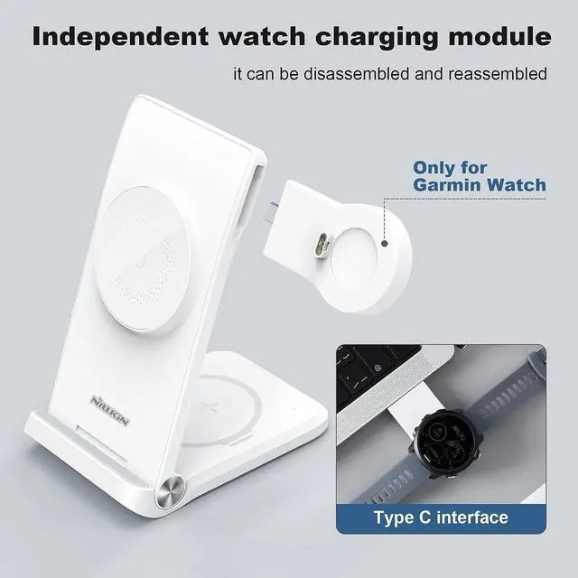 Alt view image 5 of 7 - Nillkin Charger Stand for Garmin Watch Instinct Fenix 7/7S Forerunner 245/745/945 Vivoactive, 3 in 1 Portable & Foldable Magsafe Wireless Charging Station for iPhone 16 15 14 13 12 & AirPods 2/3/Pro