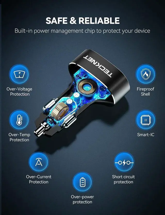 Alt view image 5 of 6 - TECKNET USB Car Charger 54W 4-Port Car Phone Charger Adapter QC 3.0 Port Cigarette Lighter Charger Fast Charging Adapter Compatible with iPhone 15 Pro Max/15 Plus/15/14/13 Galaxy S23/22 Google Pixel