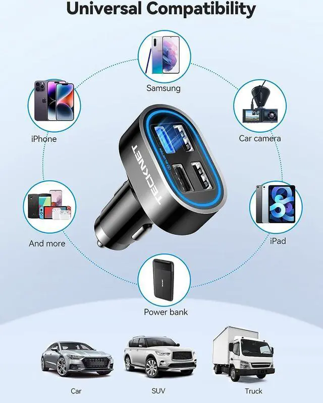 Alt view image 6 of 6 - TECKNET USB Car Charger 54W 4-Port Car Phone Charger Adapter QC 3.0 Port Cigarette Lighter Charger Fast Charging Adapter Compatible with iPhone 15 Pro Max/15 Plus/15/14/13 Galaxy S23/22 Google Pixel