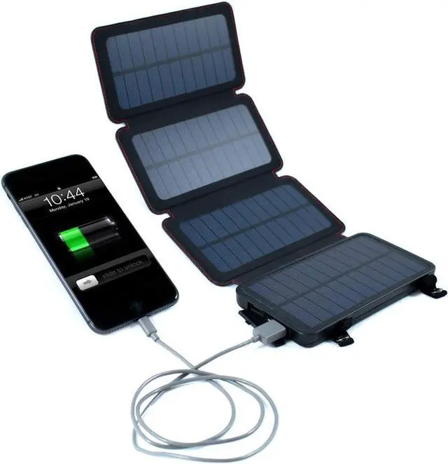 Main image of Frog QuadraPro Solar Charger Power Bank - 5.5W 4-Panel Portable Wireless Phone Charger - Compatible with iPhone, Android, 2 USB Port, Flashlight, Magnetic Case, Hanging Loops - Battery Backup