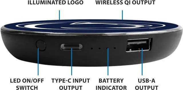 Alt view image 3 of 4 - Penn State University Wireless Charger with Illuminated Nittany Lions Logo & Built-in Power Bank Officially Licensed Collegiate 100% Portable Wireless Phone Charger