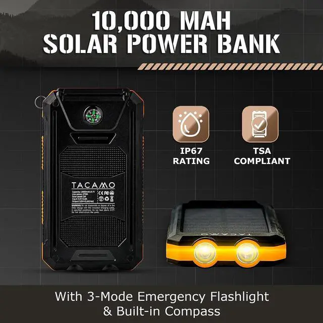 Alt view image 2 of 7 - ? Solar Power Bank Portable Charger - IP67 Waterproof and Dustproof - TSA Compliant - for Backpacking and Camping - Dual USB Port Fast Charging Battery Pack with 3-Mode Emergency Flashlight