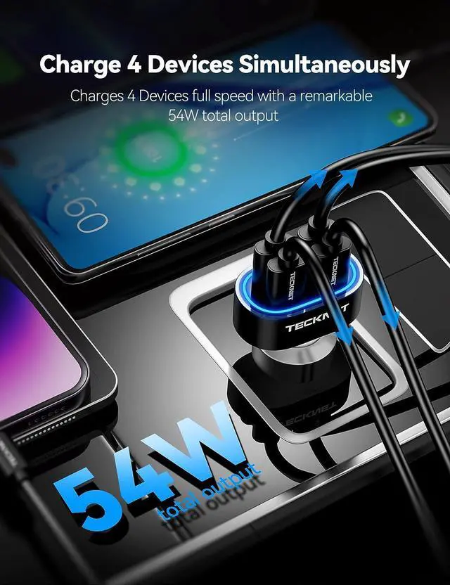 Alt view image 2 of 6 - TECKNET USB Car Charger 54W 4-Port Car Phone Charger Adapter QC 3.0 Port Cigarette Lighter Charger Fast Charging Adapter Compatible with iPhone 15 Pro Max/15 Plus/15/14/13 Galaxy S23/22 Google Pixel