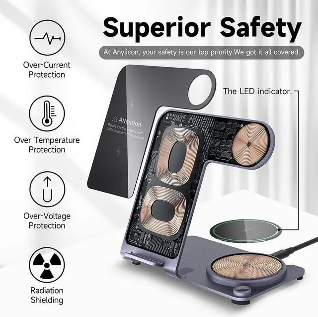 Alt view image 2 of 6 - Wireless Charger, Aluminum Alloy 3 in 1 Wireless Charging Station for Apple iPhone/iWatch/Airpods,iPhone15 14,13,12,11 (Pro, ProMax)/XS/XR/XS/X/8(Plus),iWatch8/7/6/SE/5/4/3/2,AirPods 3/2/pro