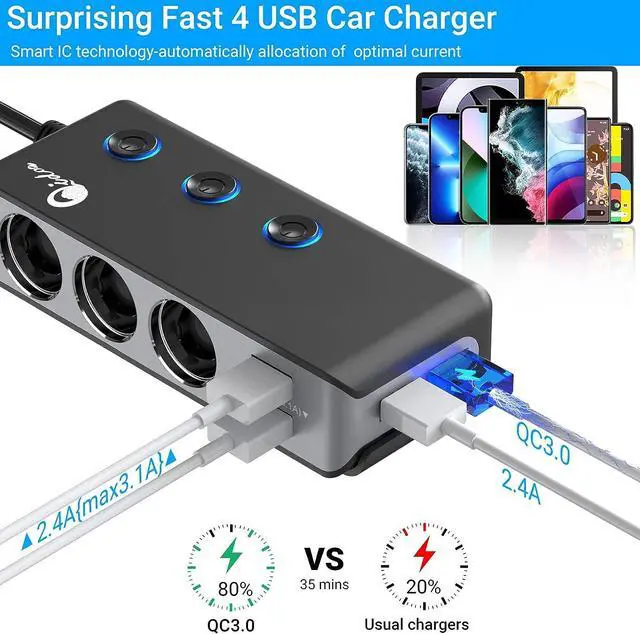 Alt view image 2 of 7 - Quick Charge 3.0 Cigarette Lighter Splitter 3 Socket 180W Cigarette Lighter Adapter with 4 USB Fast Charging DC 12V/24V Cigarette Outlet LED Voltmeter Independent Button for All Car Devices