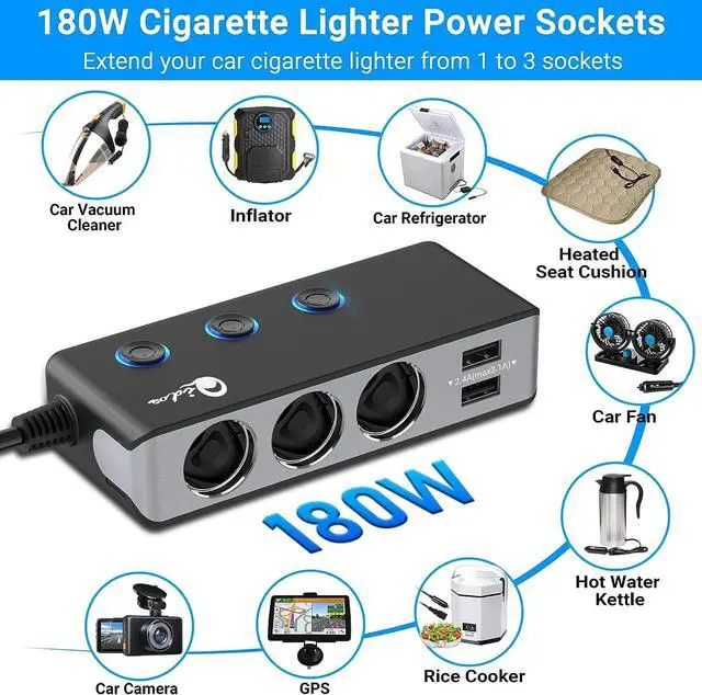 Alt view image 3 of 7 - Quick Charge 3.0 Cigarette Lighter Splitter 3 Socket 180W Cigarette Lighter Adapter with 4 USB Fast Charging DC 12V/24V Cigarette Outlet LED Voltmeter Independent Button for All Car Devices