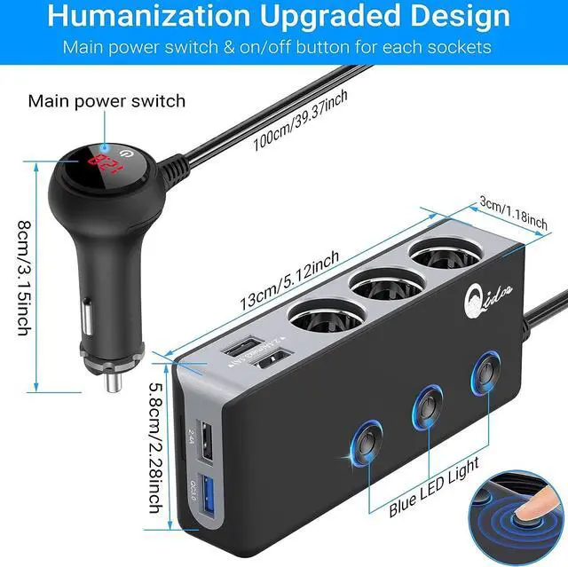 Alt view image 6 of 7 - Quick Charge 3.0 Cigarette Lighter Splitter 3 Socket 180W Cigarette Lighter Adapter with 4 USB Fast Charging DC 12V/24V Cigarette Outlet LED Voltmeter Independent Button for All Car Devices