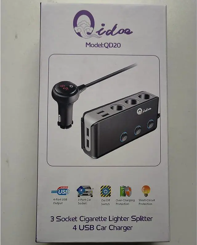 Alt view image 7 of 7 - Quick Charge 3.0 Cigarette Lighter Splitter, Qidoe 3 Socket 180W Cigarette Lighter Adapter with 4 USB Fast Charging, DC 12V/24V Cigarette Outlet LED Voltmeter Independent Button for All Car Devices