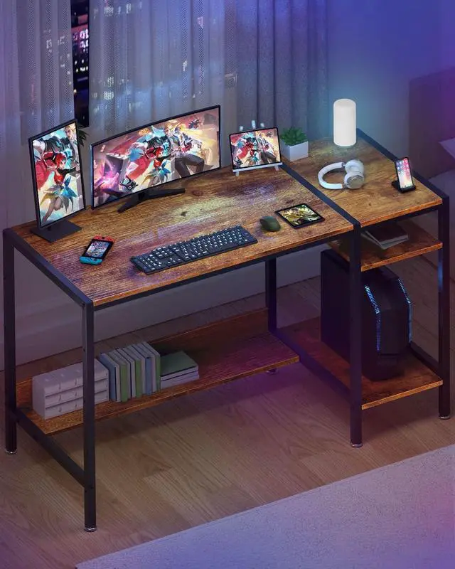 Alt view image 2 of 6 - Computer Desk - 39 Gaming Desk, Home Office Desk with Storage, Small Desk with Monitor Stand, Rustic Writing Desk for 2 Monitors, Adjustable Storage Space, Modern Design Corner Table.