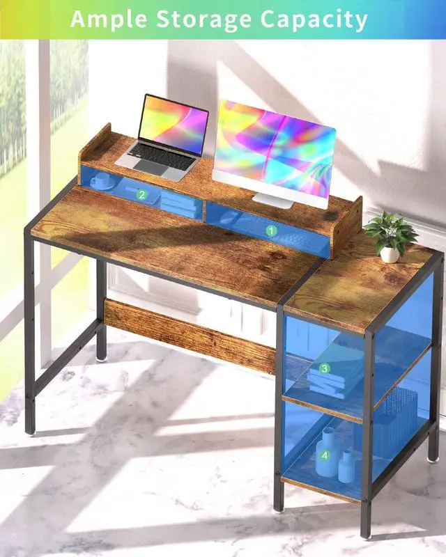 Alt view image 3 of 6 - Computer Desk - 39 Gaming Desk, Home Office Desk with Storage, Small Desk with Monitor Stand, Rustic Writing Desk for 2 Monitors, Adjustable Storage Space, Modern Design Corner Table.