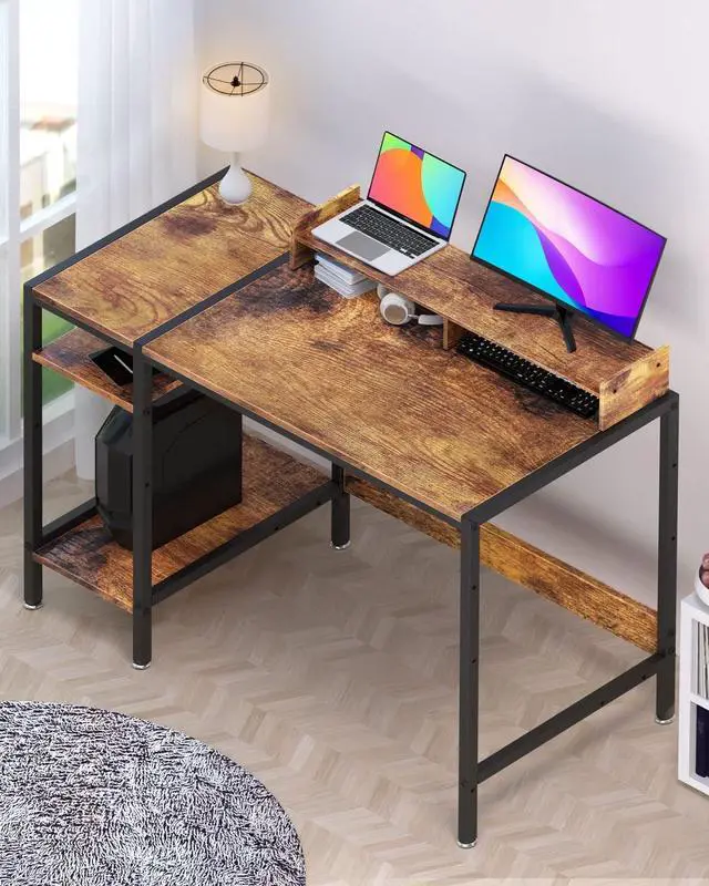 Alt view image 5 of 6 - Computer Desk - 39 Gaming Desk, Home Office Desk with Storage, Small Desk with Monitor Stand, Rustic Writing Desk for 2 Monitors, Adjustable Storage Space, Modern Design Corner Table.