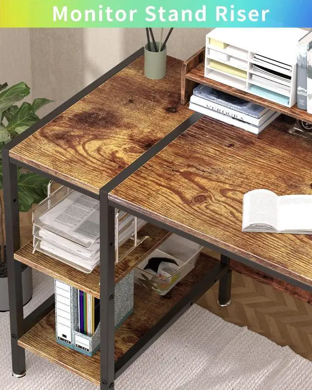 Alt view image 6 of 6 - Computer Desk - 39 Gaming Desk, Home Office Desk with Storage, Small Desk with Monitor Stand, Rustic Writing Desk for 2 Monitors, Adjustable Storage Space, Modern Design Corner Table.