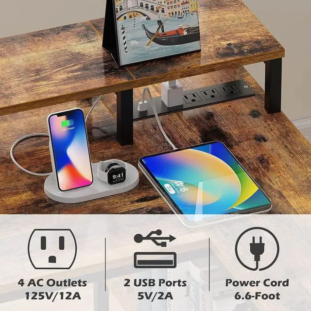 Alt view image 4 of 7 - SUPERJARE L Shaped Gaming Desk with LED Lights & Power Outlets, Reversible Computer Desk with Shelves & Drawer, Corner Desk Home Office Desk, Rustic Brown, 7035ZC