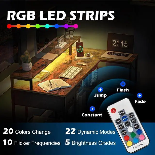 Alt view image 5 of 7 - SUPERJARE L Shaped Gaming Desk with LED Lights & Power Outlets, Reversible Computer Desk with Shelves & Drawer, Corner Desk Home Office Desk, Rustic Brown, 7035ZC