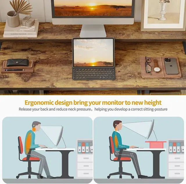 Alt view image 5 of 7 - CubiCubi 47 Inch Computer Desk with Storage Shelves Monitor Stand Keyboard Tray, Home Office Desk, Study Writing Table, Rustic Brown