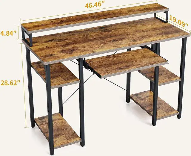 Alt view image 3 of 7 - CubiCubi 47 Inch Computer Desk with Storage Shelves Monitor Stand Keyboard Tray, Home Office Desk, Study Writing Table, Rustic Brown