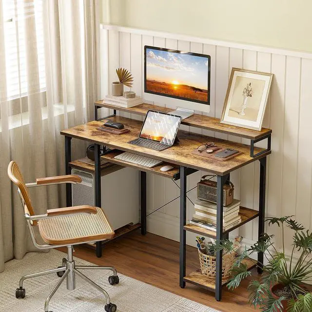 Alt view image 6 of 7 - CubiCubi 47 Inch Computer Desk with Storage Shelves Monitor Stand Keyboard Tray, Home Office Desk, Study Writing Table, Rustic Brown