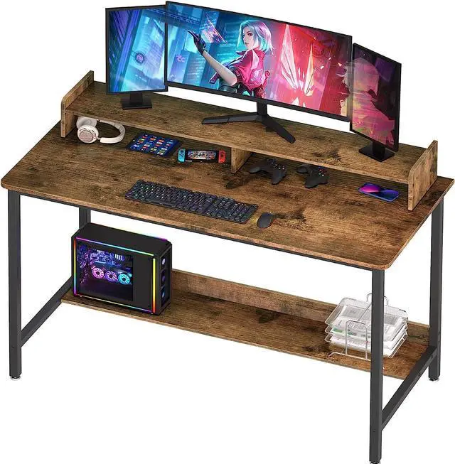 Main image of Computer Desk with Shelves, 43 Inch Gaming Writing Desk, Study PC Table Workstation with Storage for Home Office, Living Room, Bedroom, Metal Frame, Rustic.