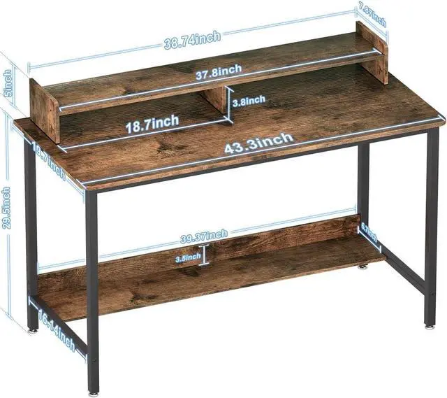 Alt view image 3 of 6 - Computer Desk with Shelves, 43 Inch Gaming Writing Desk, Study PC Table Workstation with Storage for Home Office, Living Room, Bedroom, Metal Frame, Rustic.
