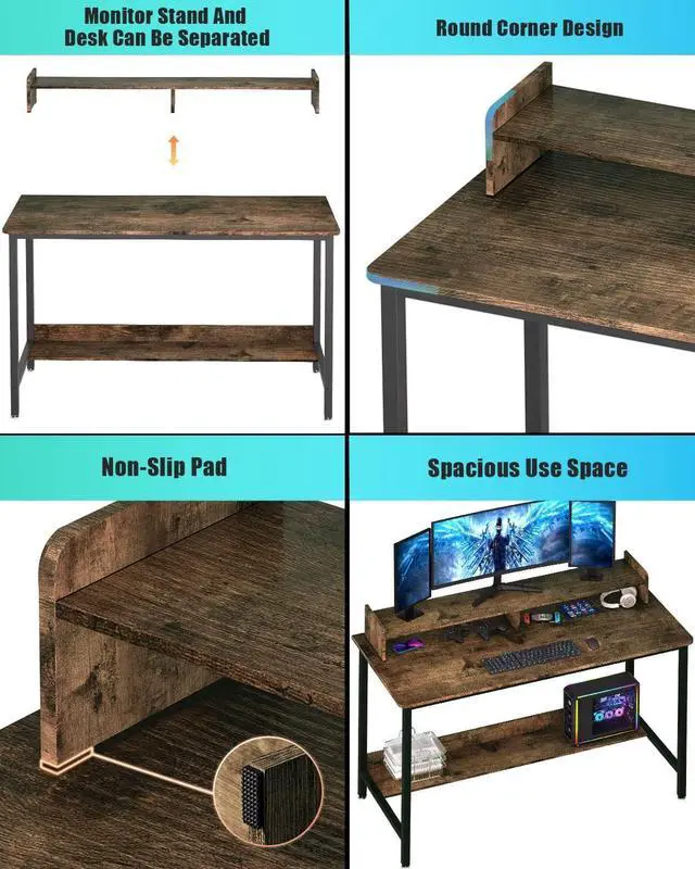 Alt view image 4 of 6 - Computer Desk with Shelves, 43 Inch Gaming Writing Desk, Study PC Table Workstation with Storage for Home Office, Living Room, Bedroom, Metal Frame, Rustic.