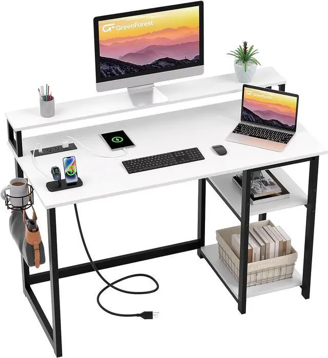 Main image of GreenForest Computer Desk with USB Charging Port and Power Outlet, Reversible Small Desk with Monitor Stand and Storage Shelves for Home Office, 40 in Work Desk with Cup Holder Hook, White