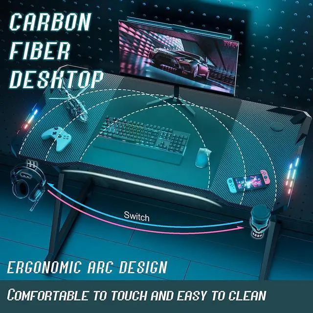 Alt view image 3 of 6 - HLDIRECT 47 Inch Gaming Desk with LED Lights, Ergonomic Computer Table with Carbon Fibre Surface, Sturdy PC Workstation Desk for Home Office with Headphone Hook, Cup Holder, Black