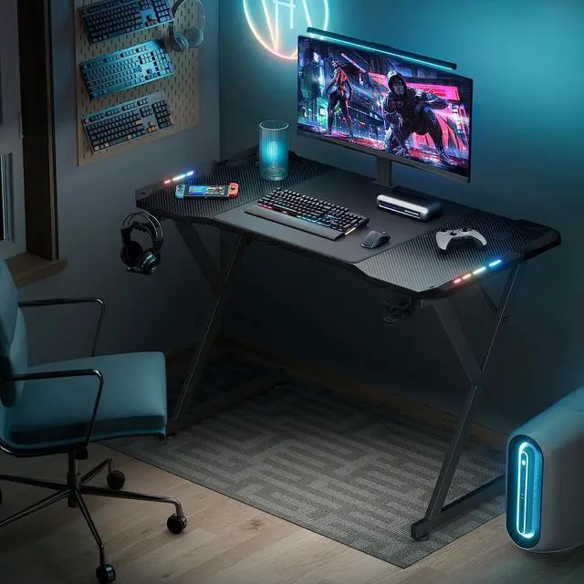 Alt view image 6 of 6 - HLDIRECT 47 Inch Gaming Desk with LED Lights, Ergonomic Computer Table with Carbon Fibre Surface, Sturdy PC Workstation Desk for Home Office with Headphone Hook, Cup Holder, Black