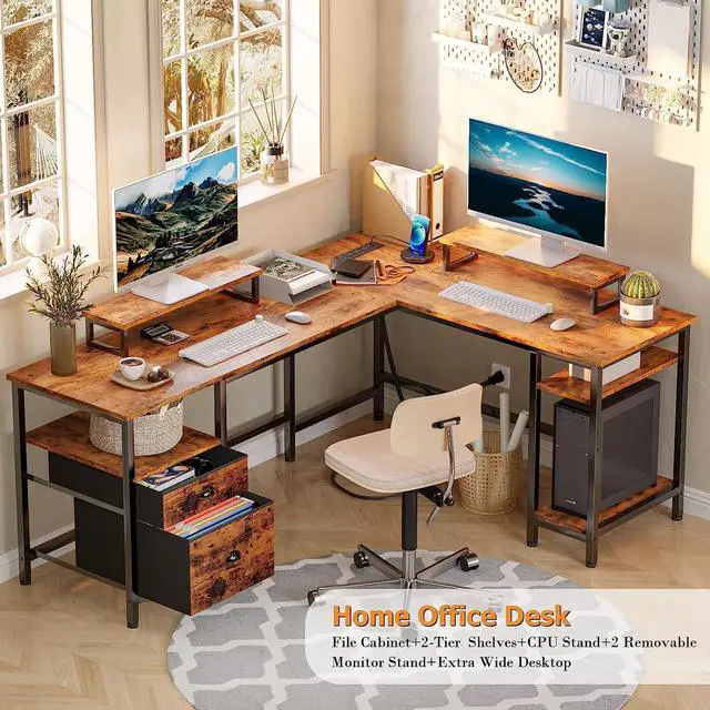 Alt view image 4 of 7 - Furologee 66 L Shaped Desk with Power Outlet, Reversible Computer Desk with File Drawer & 2 Monitor Stands, Home Office Desk with Storage Shelves, Corner Desk for Gaming Writing, Rustic Brown