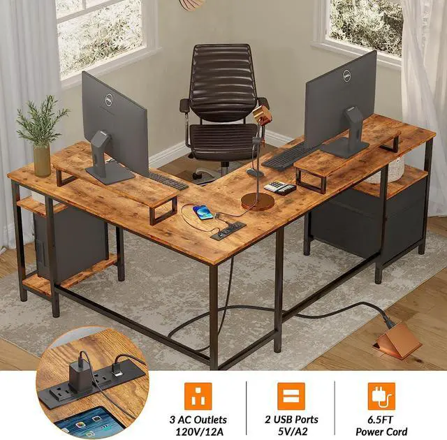 Alt view image 5 of 7 - Furologee 66 L Shaped Desk with Power Outlet, Reversible Computer Desk with File Drawer & 2 Monitor Stands, Home Office Desk with Storage Shelves, Corner Desk for Gaming Writing, Rustic Brown