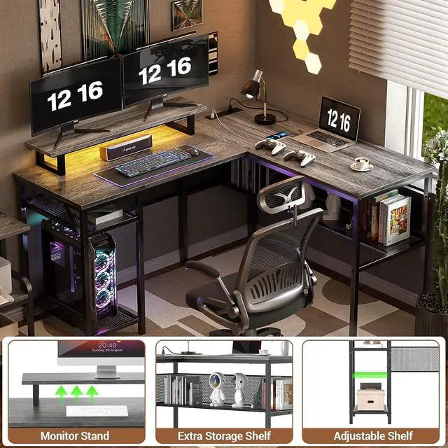 Alt view image 3 of 7 - Unikito L Shaped Computer Desk with Magic Power Outlets and Smart LED Light, Reversible 55 Inch Corner Office Desk with Monitor Stand, Unique Grid Design, Gaming Table with Storage, Black Oak