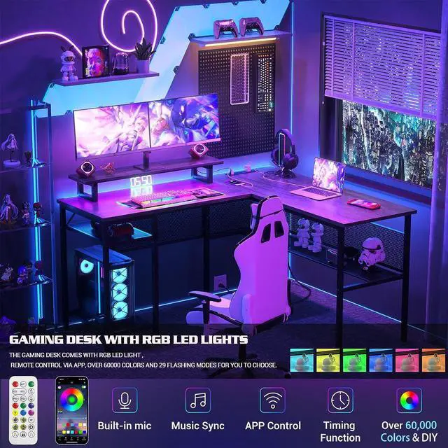 Alt view image 4 of 7 - Unikito L Shaped Computer Desk with Magic Power Outlets and Smart LED Light, Reversible 55 Inch Corner Office Desk with Monitor Stand, Unique Grid Design, Gaming Table with Storage, Black Oak