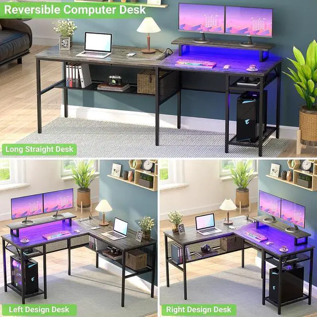 Alt view image 6 of 7 - Unikito L Shaped Computer Desk with Magic Power Outlets and Smart LED Light, Reversible 55 Inch Corner Office Desk with Monitor Stand, Unique Grid Design, Gaming Table with Storage, Black Oak