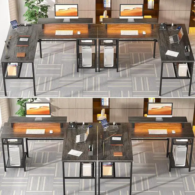 Alt view image 7 of 7 - Unikito L Shaped Computer Desk with Magic Power Outlets and Smart LED Light, Reversible 55 Inch Corner Office Desk with Monitor Stand, Unique Grid Design, Gaming Table with Storage, Black Oak