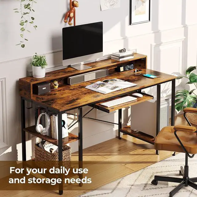 Alt view image 6 of 7 - Computer Desk 47 inch with LED Lights & Power Outlets, Gaming Desk with Storage Shelves, Home Office Desk with Keyboard Tray, Writing Desk with Monitor Stand, Work Desk, Rustic Brown