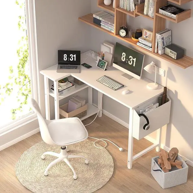 Alt view image 2 of 7 - White L Shaped Computer Desk with Power Outlet Shelves, 40 Inch Small Corner Desk for Small Space Home Office, L-Shaped Desk PC Desks, White