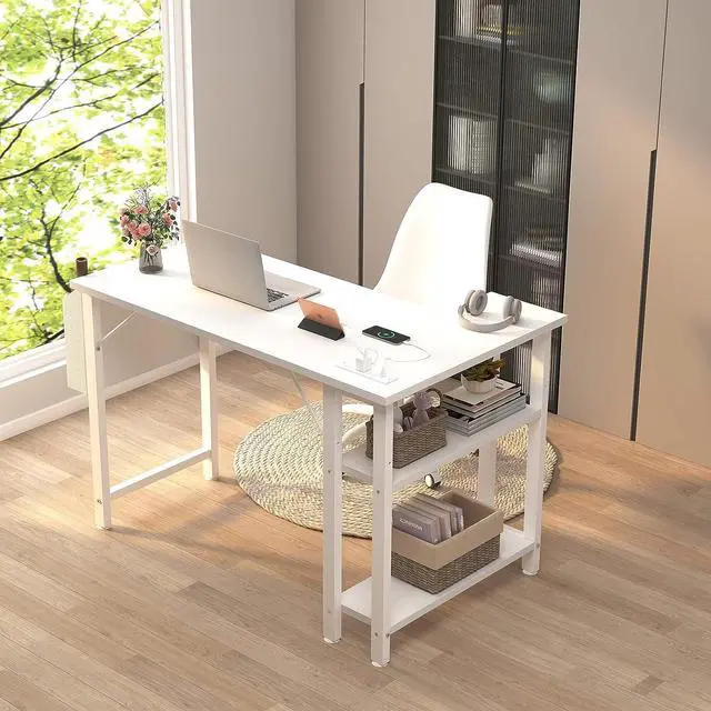 Alt view image 4 of 7 - White L Shaped Computer Desk with Power Outlet Shelves, 40 Inch Small Corner Desk for Small Space Home Office, L-Shaped Desk PC Desks, White