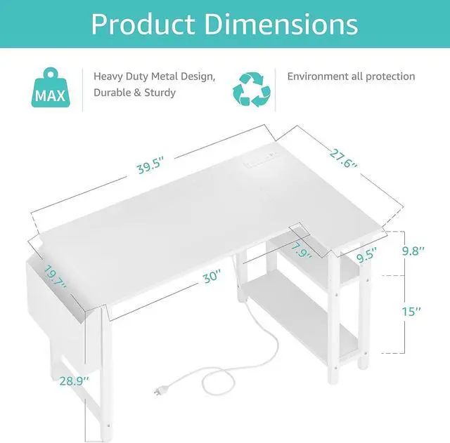 Alt view image 3 of 7 - White L Shaped Computer Desk with Power Outlet Shelves, 40 Inch Small Corner Desk for Small Space Home Office, L-Shaped Desk PC Desks, White
