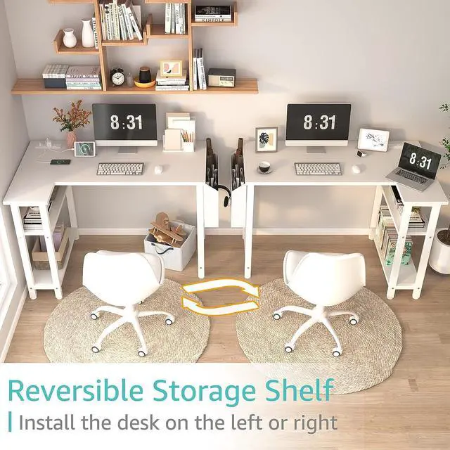 Alt view image 5 of 7 - White L Shaped Computer Desk with Power Outlet Shelves, 40 Inch Small Corner Desk for Small Space Home Office, L-Shaped Desk PC Desks, White