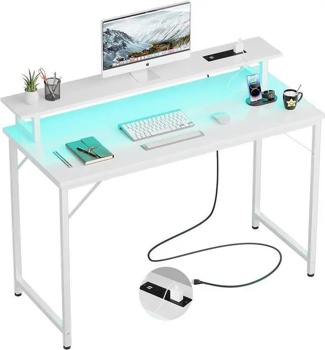 Main image of 47 inch Computer Desk with Power Outlets, Gaming Desk with LED Lights, Home Office Work Desk with Monitor Shelf, Modern Office Desk Study Writing Table for Small Spaces, White