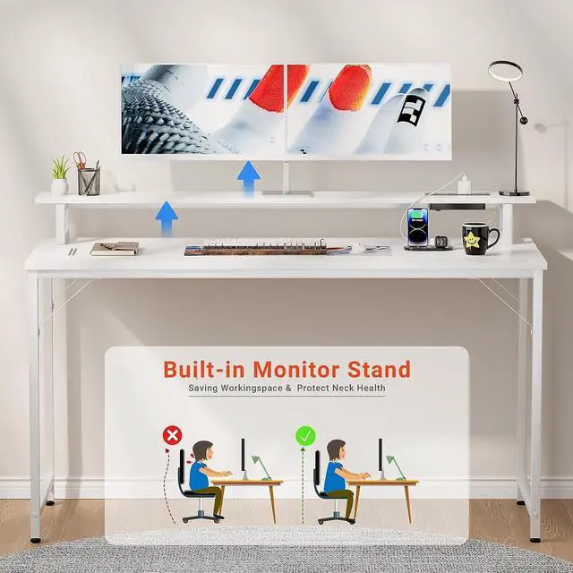 Alt view image 6 of 7 - 47 inch Computer Desk with Power Outlets, Gaming Desk with LED Lights, Home Office Work Desk with Monitor Shelf, Modern Office Desk Study Writing Table for Small Spaces, White