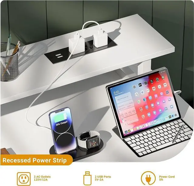 Alt view image 5 of 7 - 47 inch Computer Desk with Power Outlets, Gaming Desk with LED Lights, Home Office Work Desk with Monitor Shelf, Modern Office Desk Study Writing Table for Small Spaces, White