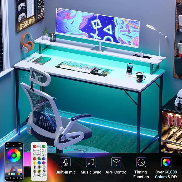 Alt view image 4 of 7 - 47 inch Computer Desk with Power Outlets, Gaming Desk with LED Lights, Home Office Work Desk with Monitor Shelf, Modern Office Desk Study Writing Table for Small Spaces, White