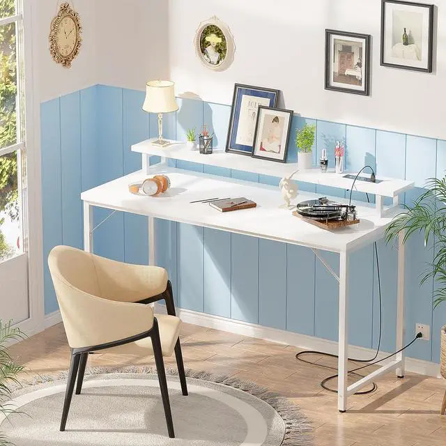 Alt view image 2 of 7 - 47 inch Computer Desk with Power Outlets, Gaming Desk with LED Lights, Home Office Work Desk with Monitor Shelf, Modern Office Desk Study Writing Table for Small Spaces, White