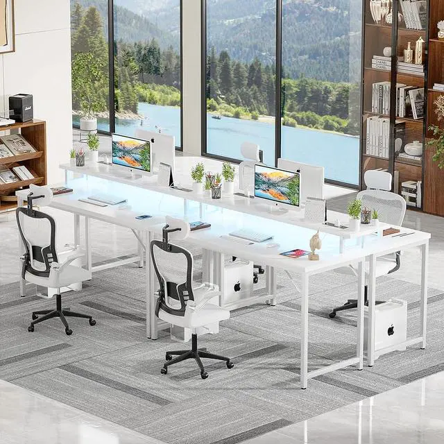 Alt view image 7 of 7 - 47 inch Computer Desk with Power Outlets, Gaming Desk with LED Lights, Home Office Work Desk with Monitor Shelf, Modern Office Desk Study Writing Table for Small Spaces, White