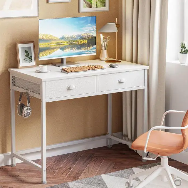 Alt view image 2 of 7 - Furologee White Small Computer Desk with 2 Fabric Drawers, 36 Inch Simple Home Office Writing Desk, Vanity Desk with Hooks, Study Desk for Bedroom Small Spaces