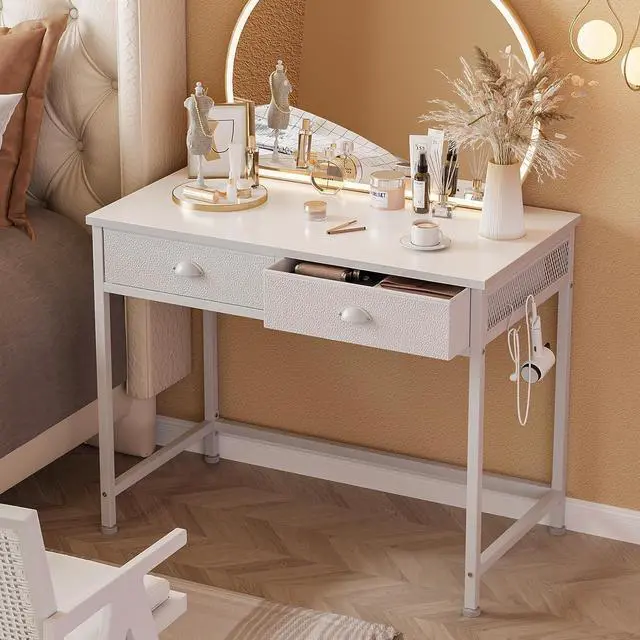 Alt view image 4 of 7 - Furologee White Small Computer Desk with 2 Fabric Drawers, 36 Inch Simple Home Office Writing Desk, Vanity Desk with Hooks, Study Desk for Bedroom Small Spaces
